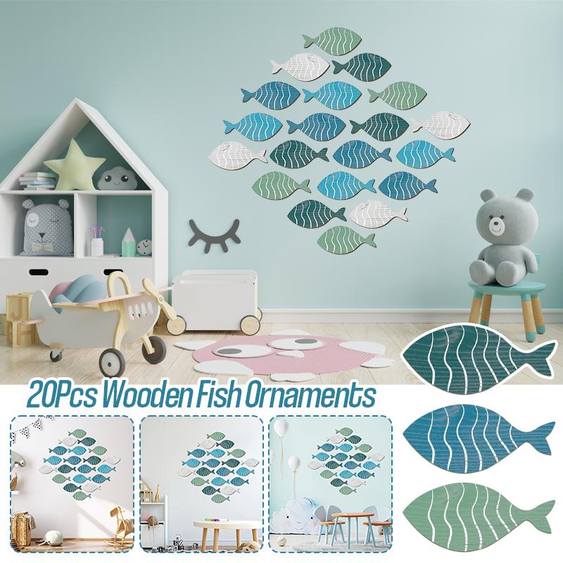 20Pcs Wooden Fish Sculpture Decorations Coastal Beach Wall Hangings Ornaments Mediterraneans Lake House Bedroom Decorations New
