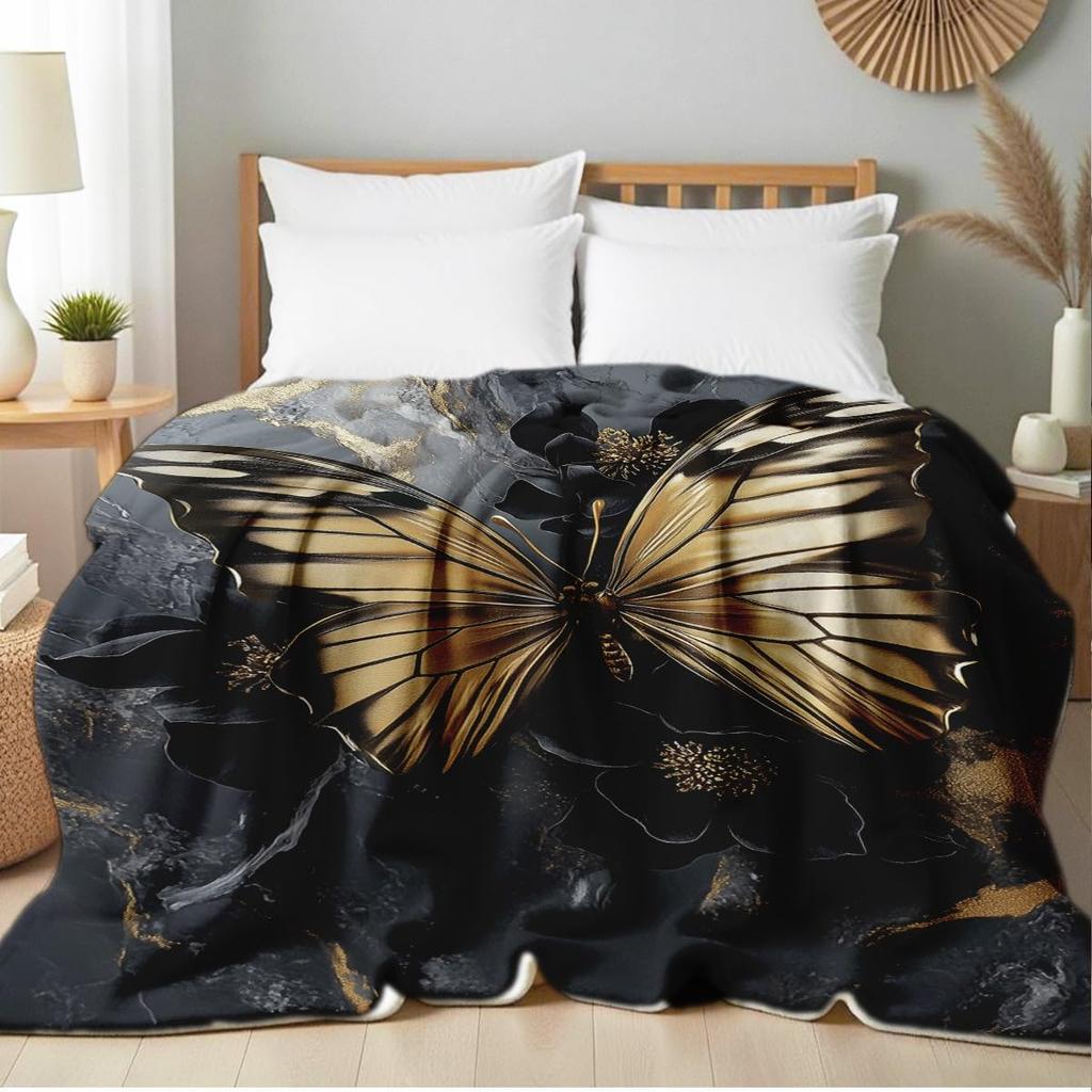 Printed Bed Blanket Black Gold Butterfly Throws Soft Flannel Blanket Butterfly Love Gifts Butterflies Decor For Couch Bed