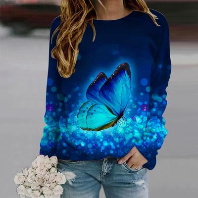 Outono Inverno Moda Feminina Gola O Manga Comprida Camiseta Roupas Soltas Camiseta Estampada Borboleta Azul Para Meninas Rua