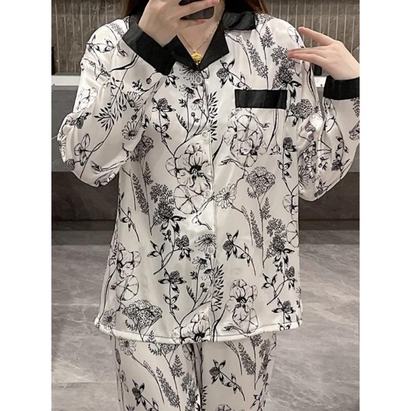 

Chinese Classic Ink Painting Flower Print Women s Pajamas Elegant Art Aesthetics Lounges Spring Simulated Silk Homewear XXL