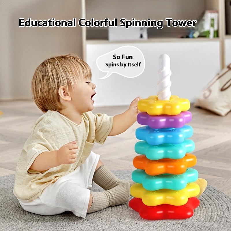 1 Set Montessori Rotating Rainbow Tower Baby Stacking Toys Children Develop Motor Skills Game Spinning Stacking Toy Gifts