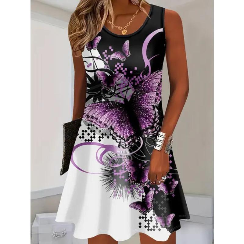 Plus Size Women's Dress Fashion 3D Plaid Print Sleeveless Elastic Round Neck Summer Dresses