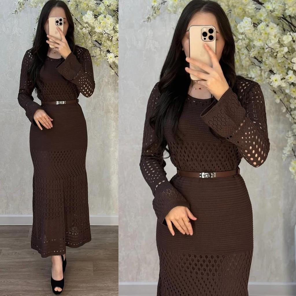 2025 Autumn Cross-border Fashion: Women's Belted Hollow-out Sweater & Gentle Style Hip-hugging Long Skirt