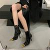 2025 new short boots patent leather metal pointed black thin boots women's autumn and winter new high-heeled temperament short boots women