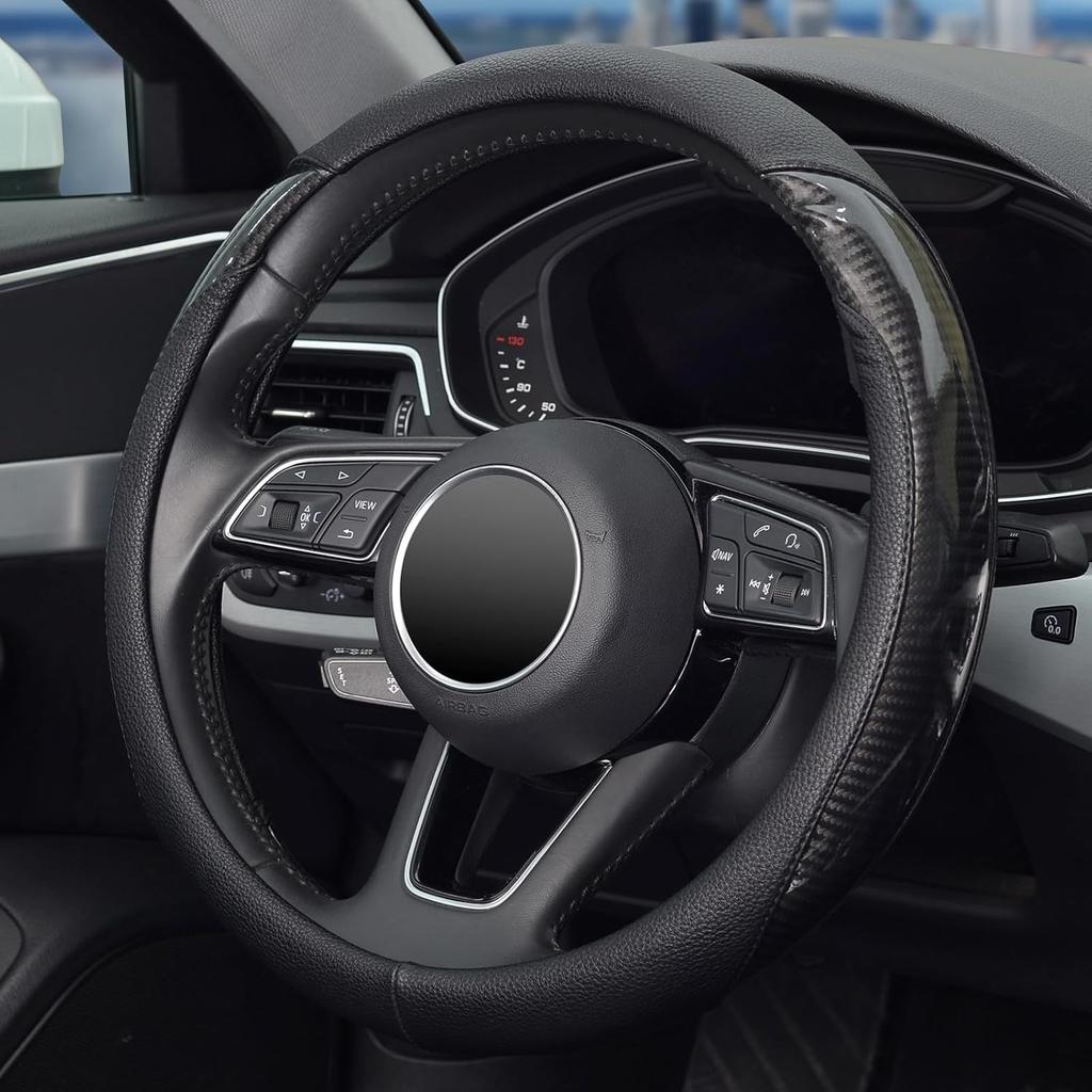 Car Steering Wheel Cover Universal 14 1/2"-15" Leather Carbon Fiber Anti-Slip Ca