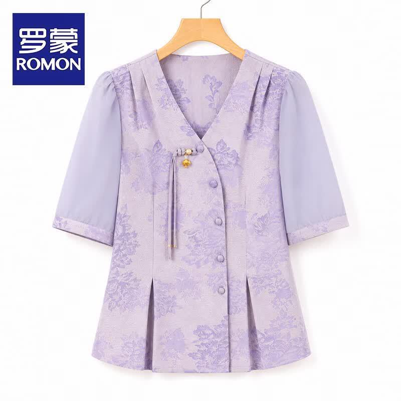 Romon Women s New Chinese Style V-Neck Summer Blouse 2XL