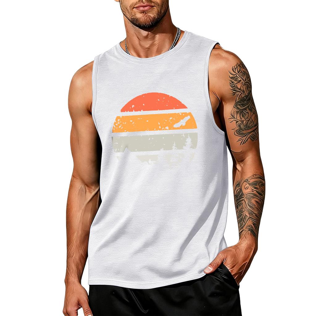 Mens Sleeveless Tank Top Crew Neck Graphic Print Vintage Style Casual Loose Fit Comfortable Shirt