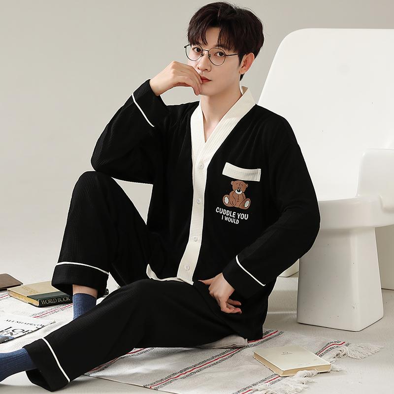 Herren Kimono Langarm Pyjama Set Cardigan Baumwolle Frühling und Herbst Loungewearkoreanische Mode Loungewear