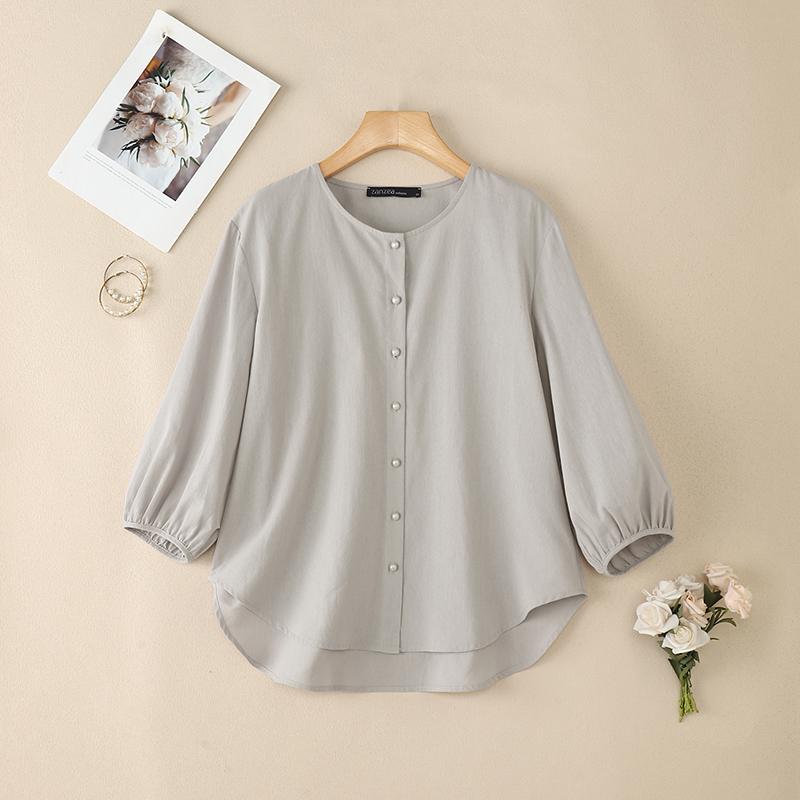 ZANZEA Damen Freizeit Rundhals Einfarbig 3/4 Ärmel Bluse