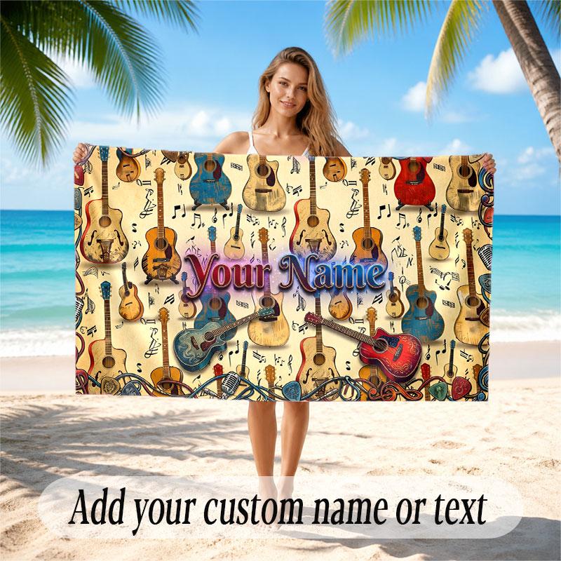 Music Guitar Theme Beach Towel Personalized Custom Name & Text Soft Quick Dry Beach Towel for Swimming Travel
