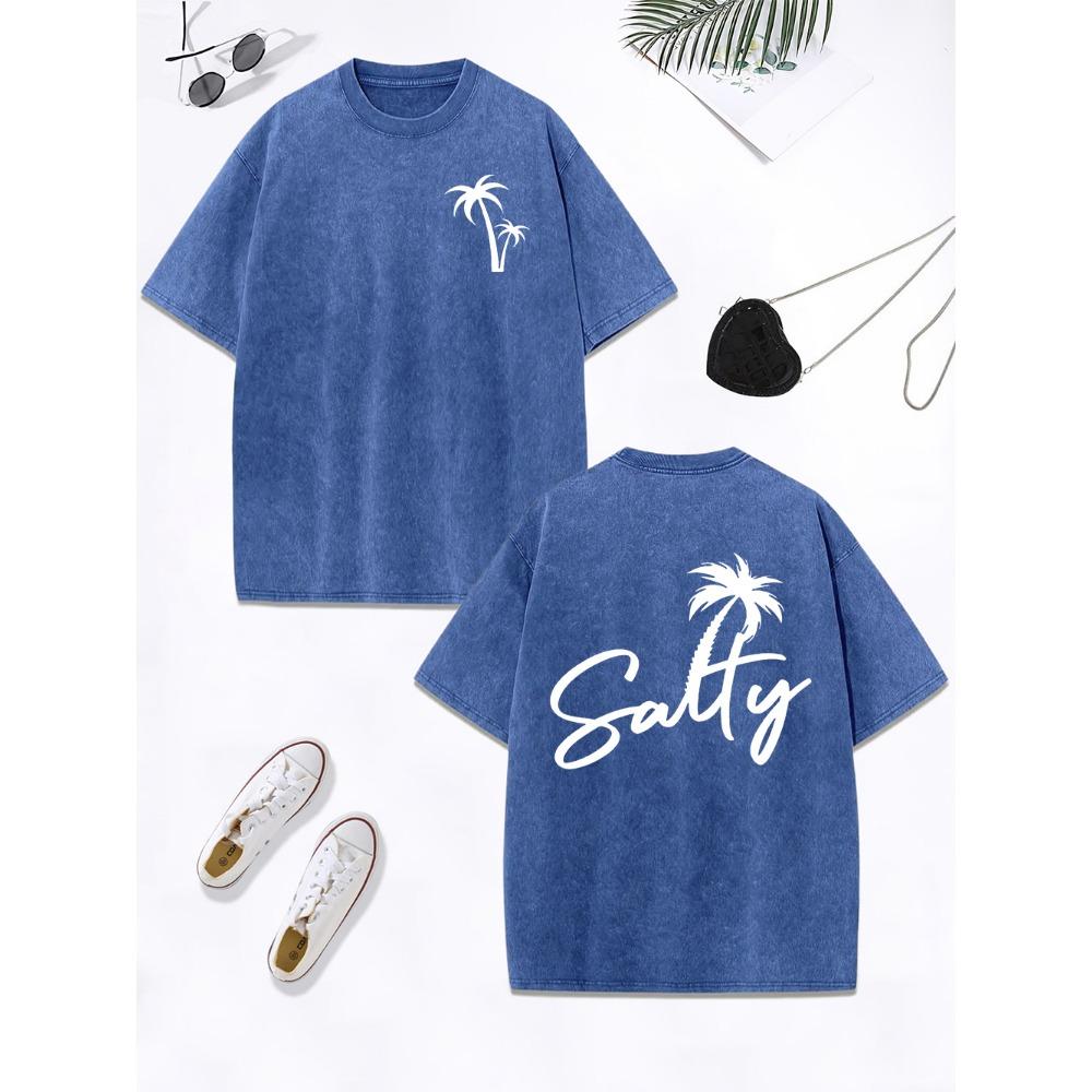 

Соленый Кокос Дерево Арт Принт Букв Выстиранная Футболка Женская Хлопковая Футболка Оверсайз Круглый Вырез Удобные Топы Одежда 3XL