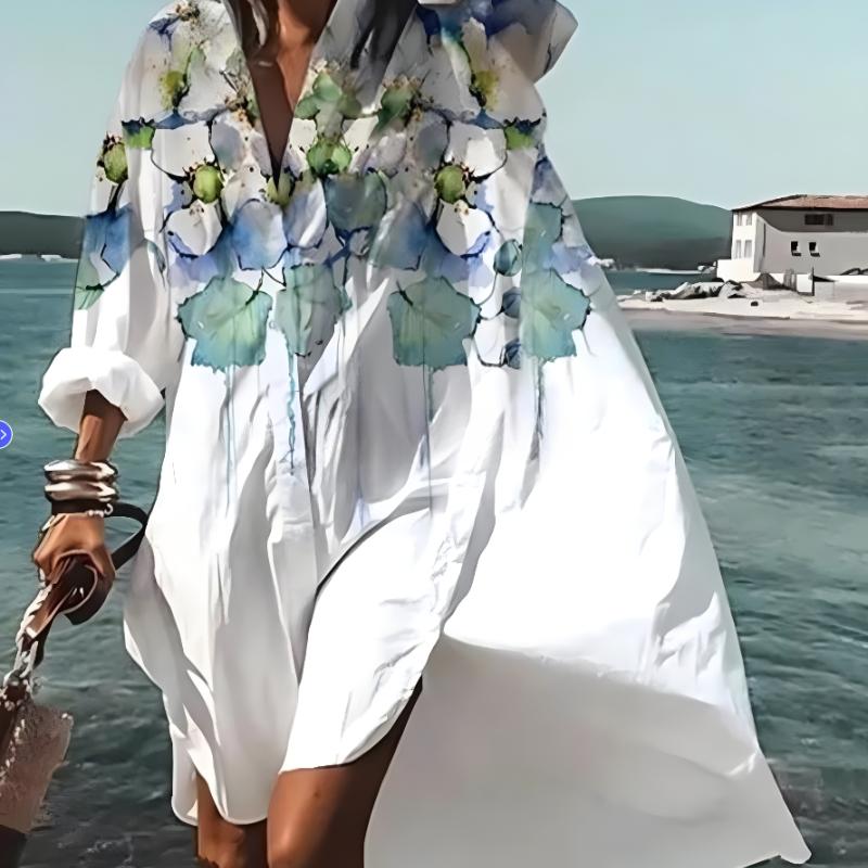 Jarní a letní móda Dámské volné ležérní šaty s dlouhým rukávem Elegantní dámské ležérní bílé šaty s potiskem, klopou a jednořadým zapínáním