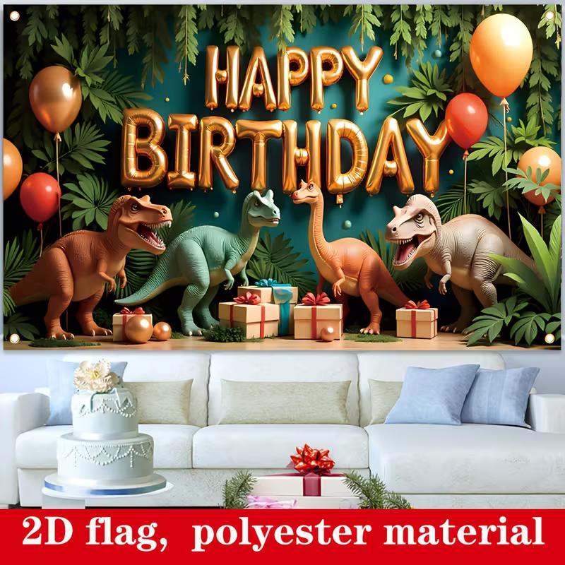 Kids Dino Themed Birthday Backdrop, Tropical Jungle Happy Birthday Background Cloth for Birthday Party & Photography