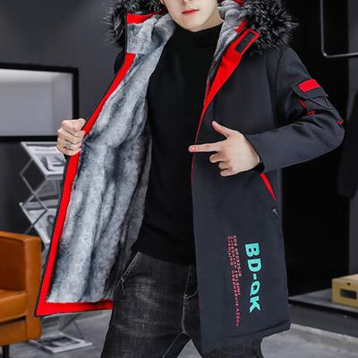Men Autumn Winter Patchwork Color Jacket Hooded Long Sleeve Pockets Zipper Placket Coat Fleece Lining Thick Warm Mid-length Cotton-Padded Outwear