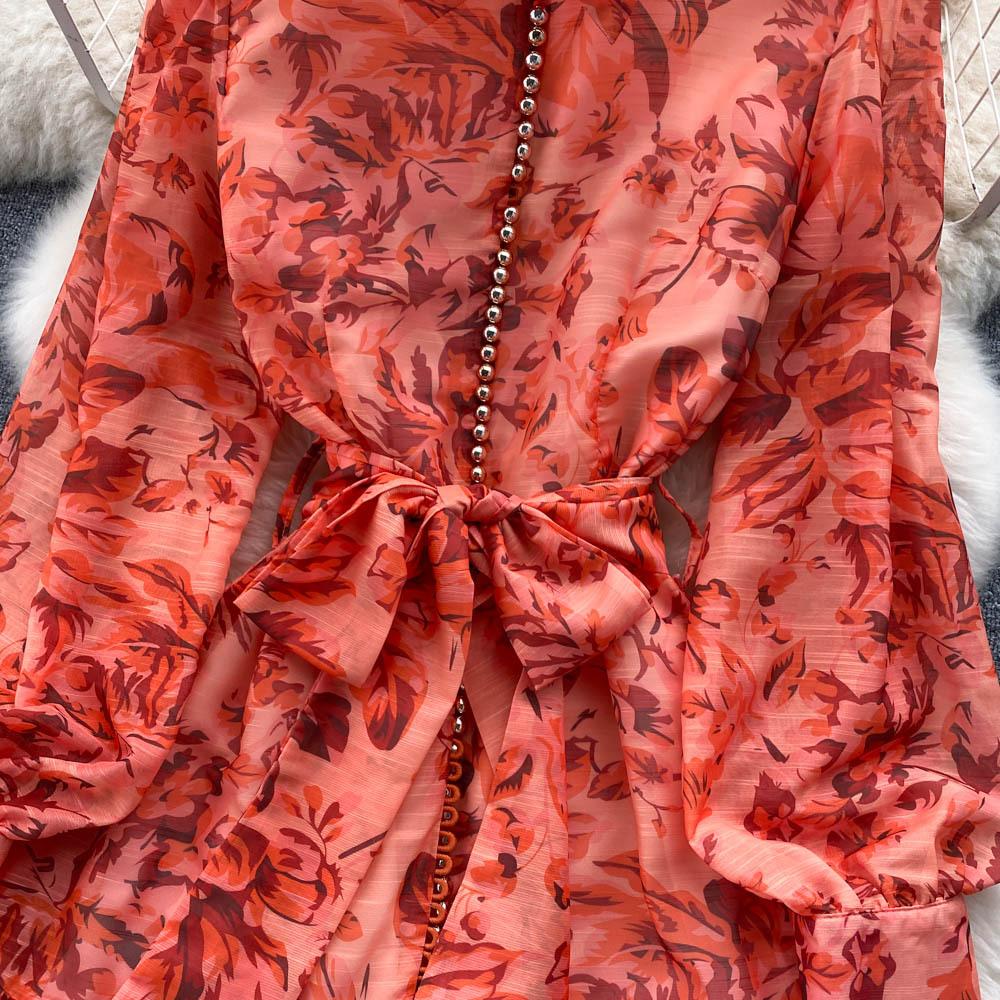 Damska Sukienka High Cold Imperial Sister Wind Wiosna i Jesień Wiązana w Pasie Elegancki Temperament Rozkloszowana Długa Sukienka