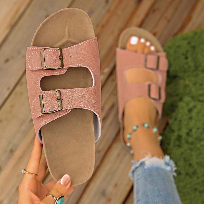 

Fashion Fashion Double Buckle Cork Slippers Women 2025 Summer Open Toe Flat Clogs Shoes Woman Plus Size 35-43 Non Slip Beach Sandals 35