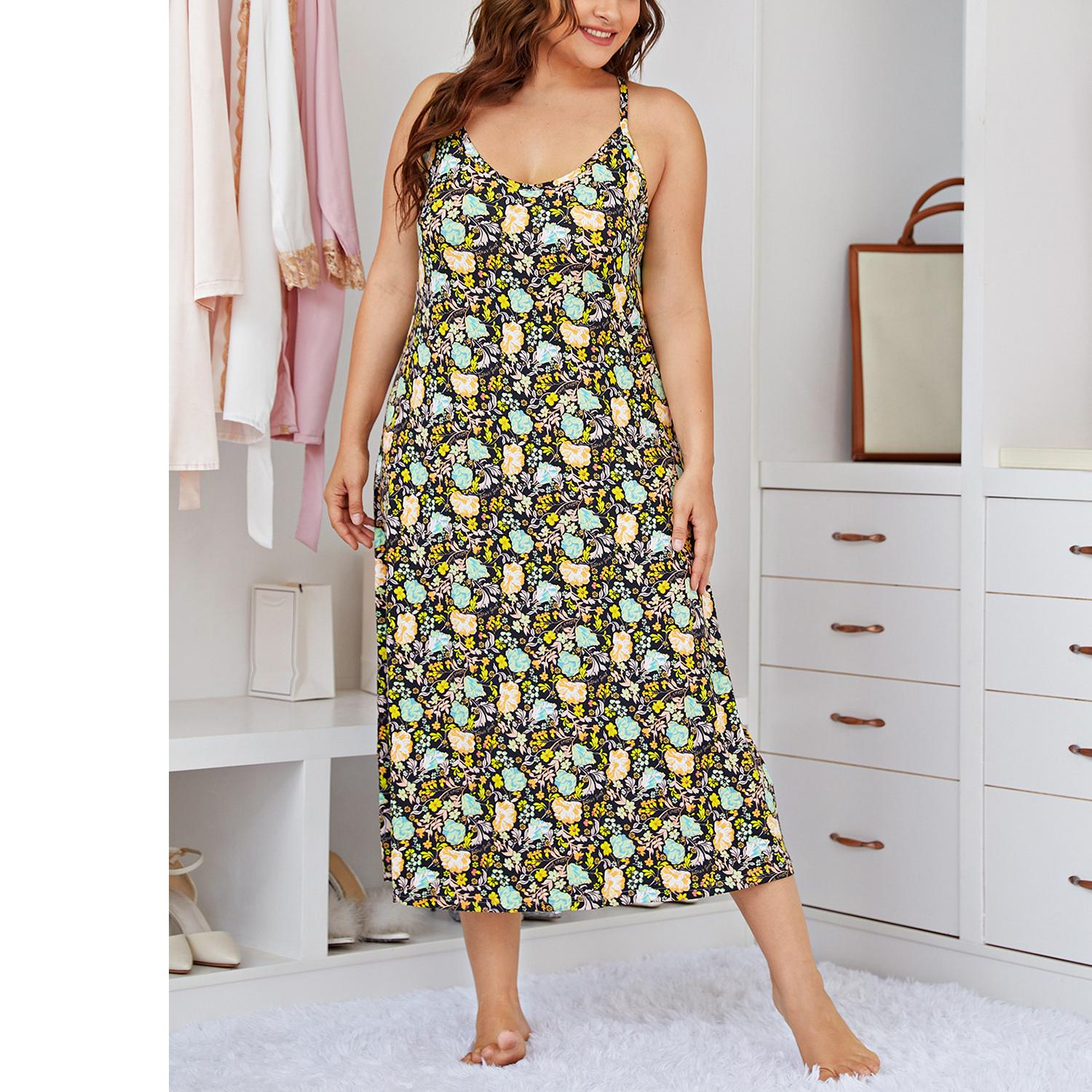 Женская длинная ночная рубашка больших размеров на бретельках, ночная рубашка без рукавов, ночная рубашка из джерси, ночная рубашка в клетку буйвола с цветочным принтом, ночная рубашка без рукавов, пижама для сна, ночное платье 1XL-4XL 1XL