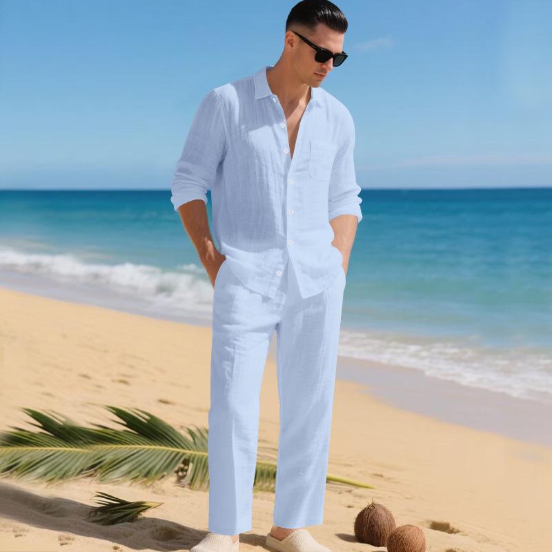 Europäischer & Amerikanischer Leinen Herbst Herren Freizeitanzug: Hemd mit lockerem Revers & Langarm-Strandhose
