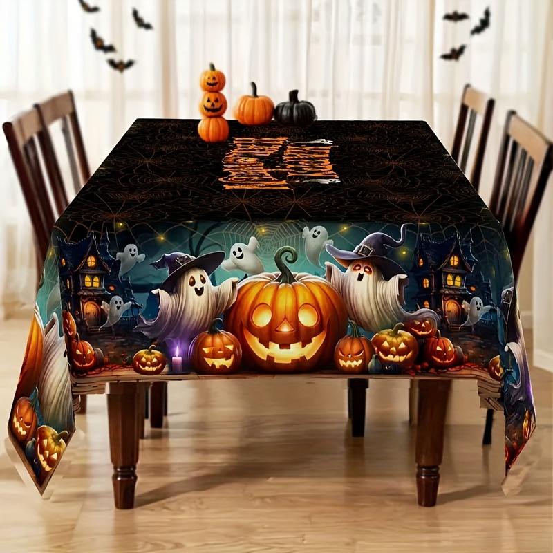 1 rectangular tablecloth, pumpkin-themed vintage Halloween tablecloth, bat and ghost vintage stylezyc