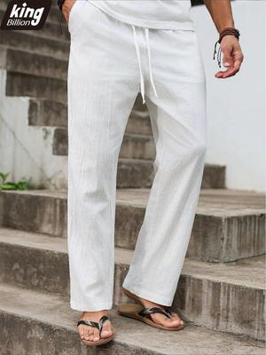 Pantalon Casual Homme Blanc Mélange Lin - Taille à Cordon Jambe Droite Ample Léger Respirant Pantalon d'Été
