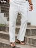 Men's White Linen Blend Casual Pants - Drawstring Waist Loose Straight Leg Lightweight Breathable Summer Trousers