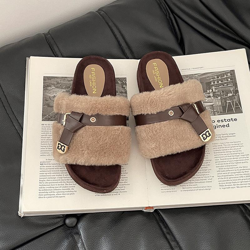 Retro design one-word belt buckle Mao Mao slippers women's autumn and winter fashion versatile belt buckle casual cotton slippers