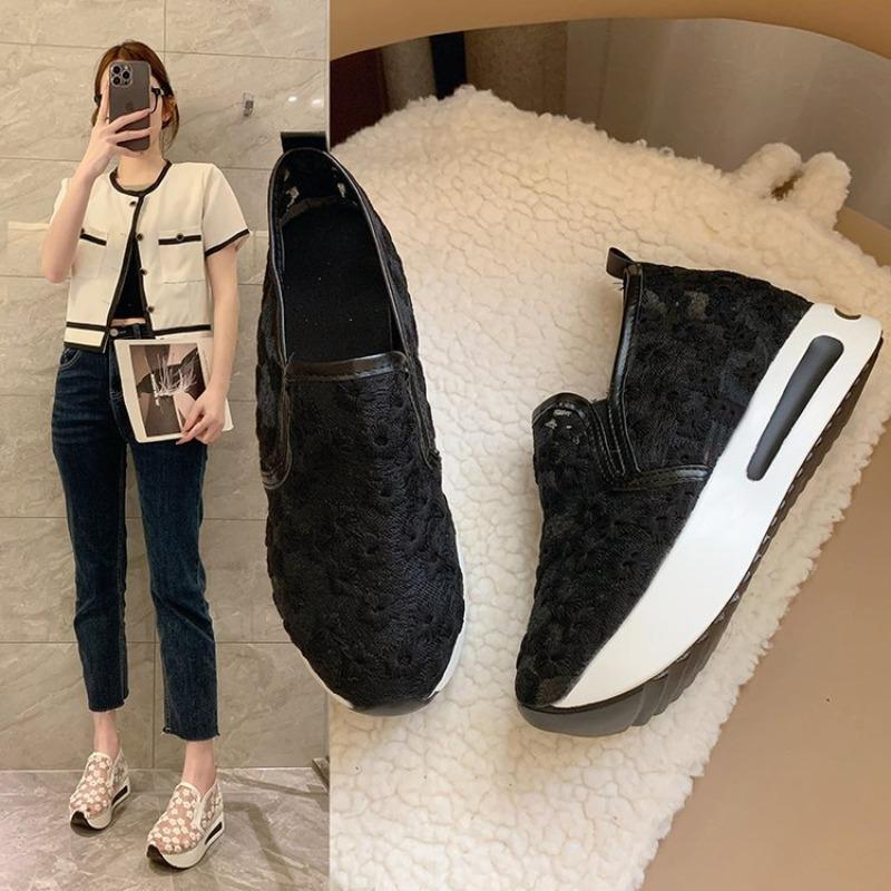 Women's fashion flat bottom inner height increase mesh yarn breathable casual single shoes support platform one piece