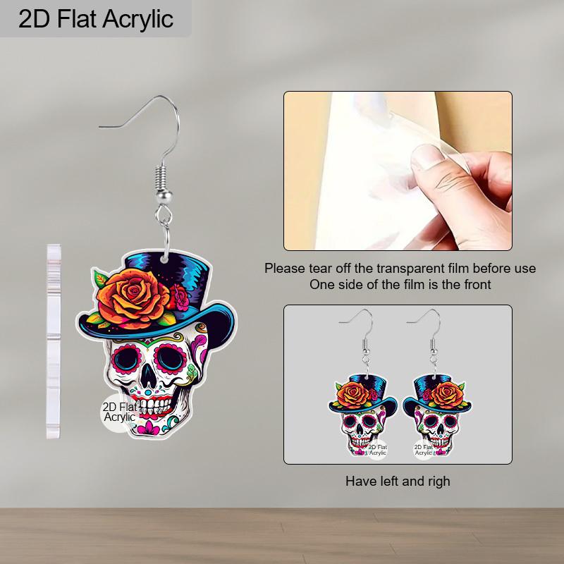 2D Flat Cute Halloween Sugar Skull Earrings Dangle Acrylic Day of The Dead Decor Gifts for Women Festival Charms