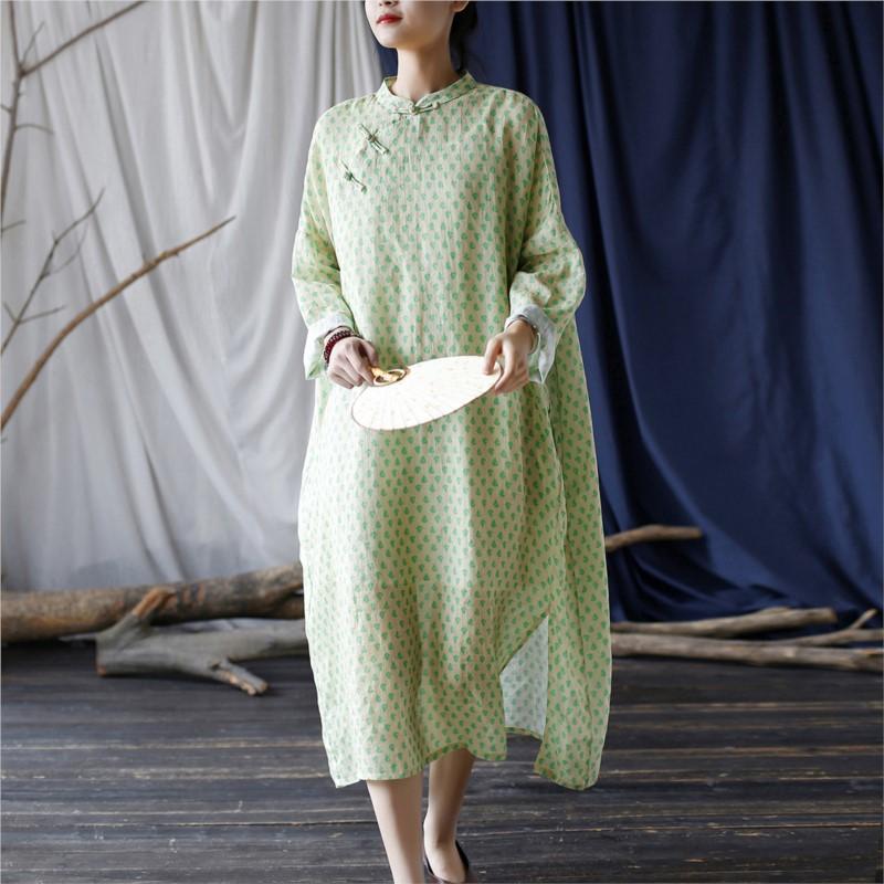 Johnature Women Green Ramie Chinese Style Dress Stand Long Sleeve Print Floral A-Line Dress Autumn Button Vintage Dress