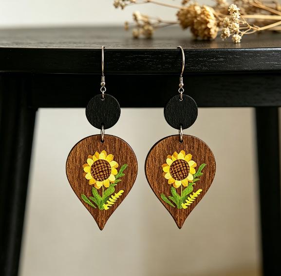 Bohemian Retro Cross Sunflower Water Drop Earrings - Ethnic Wooden Pendant Accessories