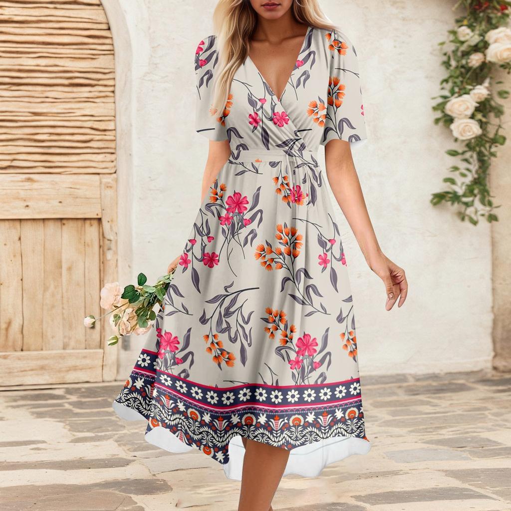 Women's Summer Loose V Neck Short Sleeve Dress, Elegant Dress