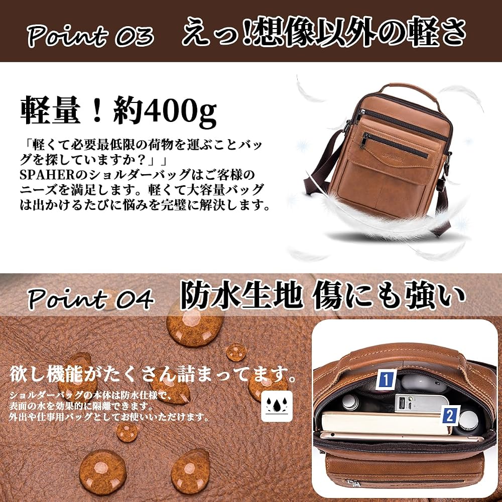SPAHER Shoulder Bag for Men, Crossbody, Water-Repellent, Lightweight, Small, Genuine Leather,