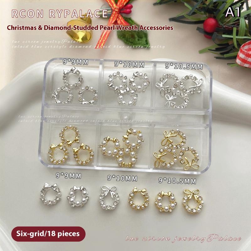 

6 Grids Christmas Wreath Nail Art Rhinestone With Pearls Mixed Size Nail Parts Accessories DIY Decoration