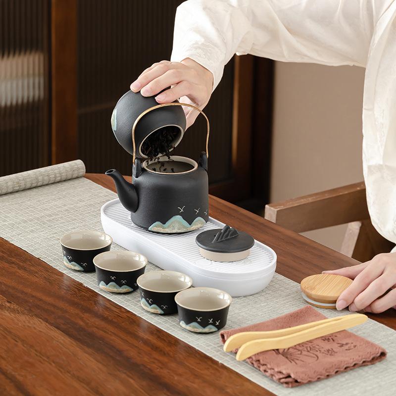 Coarse Pottery Travel Tea Set Outdoor Camping Portable Black Pottery Express Customer Cup One Pot Four Cups Storage Bag Business Gifts