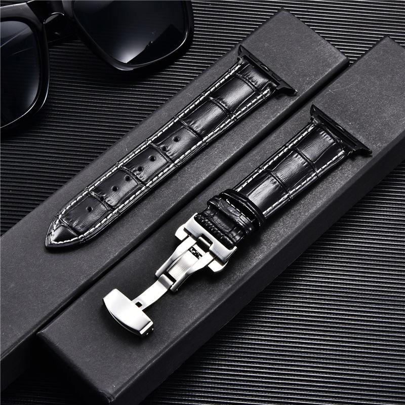 Watchband Bamboo Grain Pattern Leather Straps for Apple Watch Ultra 9 8 7 6 5 4 3 SE Butterfly Buckle Watchband 38 40 41mm 42 44 45 49mm