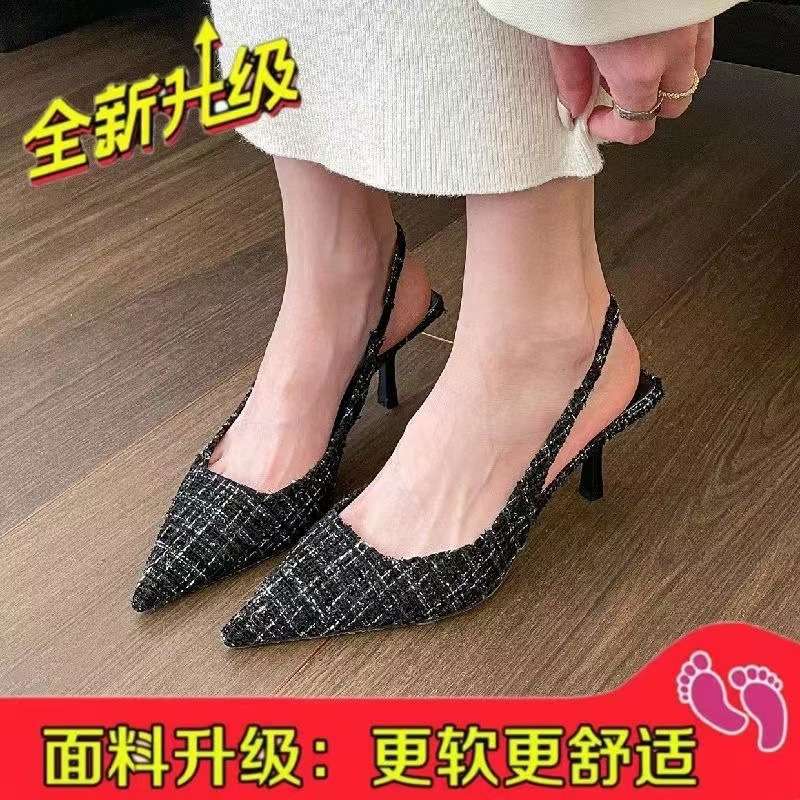 

2025 new spring and summer Korean version plaid color matching high-heeled single shoes pointed head shallow mouth rear thin h 34