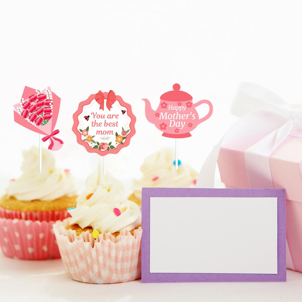 12/24pcs Happy Mother's Day Cake Toppers Pink Mom Letter Flower Decorative Mothers Day Gift Birthday Party Cake Dessert Decor
