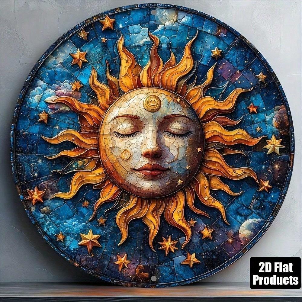 SunMoon Abstract Round Metal Wall Art Aluminum Plaque Sign For Home Bar Kitchen Coffee Shop Office Decor