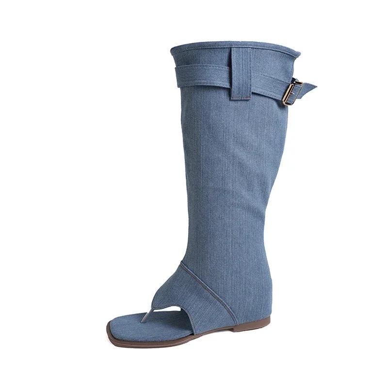 Knee High Women Cowboy Flip Flop Cool Boots Sandals Clip Toe Designer Flats Denim Blue Shoes Autumn Fashion Chaussure Female