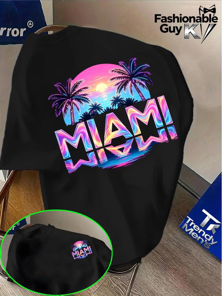 Unisex Rundhals Kurzarm T-Shirt Miami Palme Sonnenuntergang Farbverlauf Buchstabe Grafik T-Shirts Tropischer Strandurlaub Lässige Lockere Oberteile
