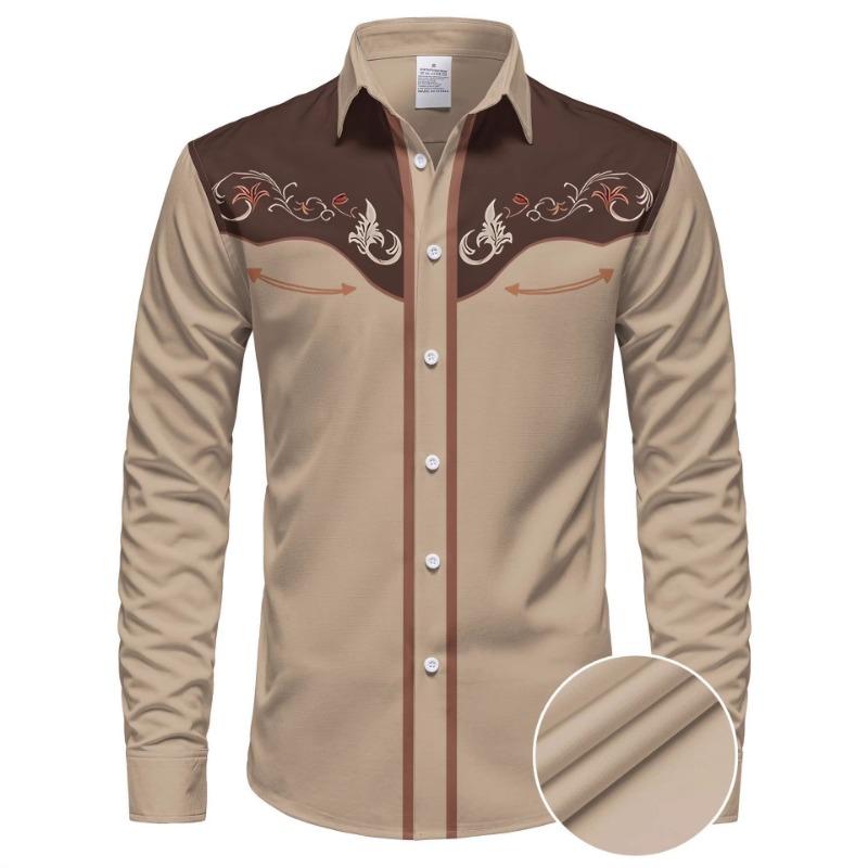 Camicia Western da Uomo Nera con Ricamo Floreale a Maniche Lunghe Autunnale