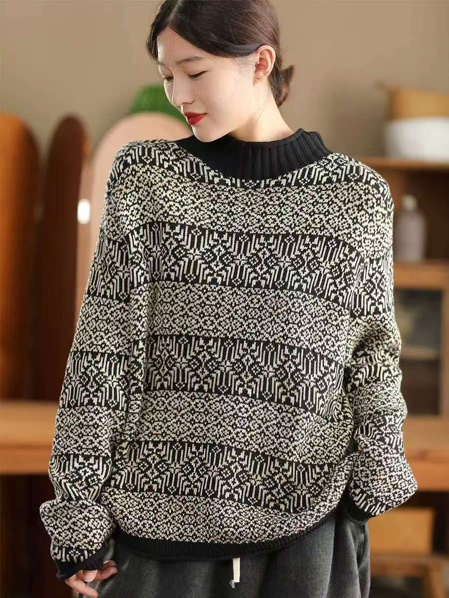 

Johnature Женские свитера-пуловеры с цветочным принтом, трикотажные изделия с длинным рукавом и воротником, весенние повседневные мягкие свитера One Size чёрный