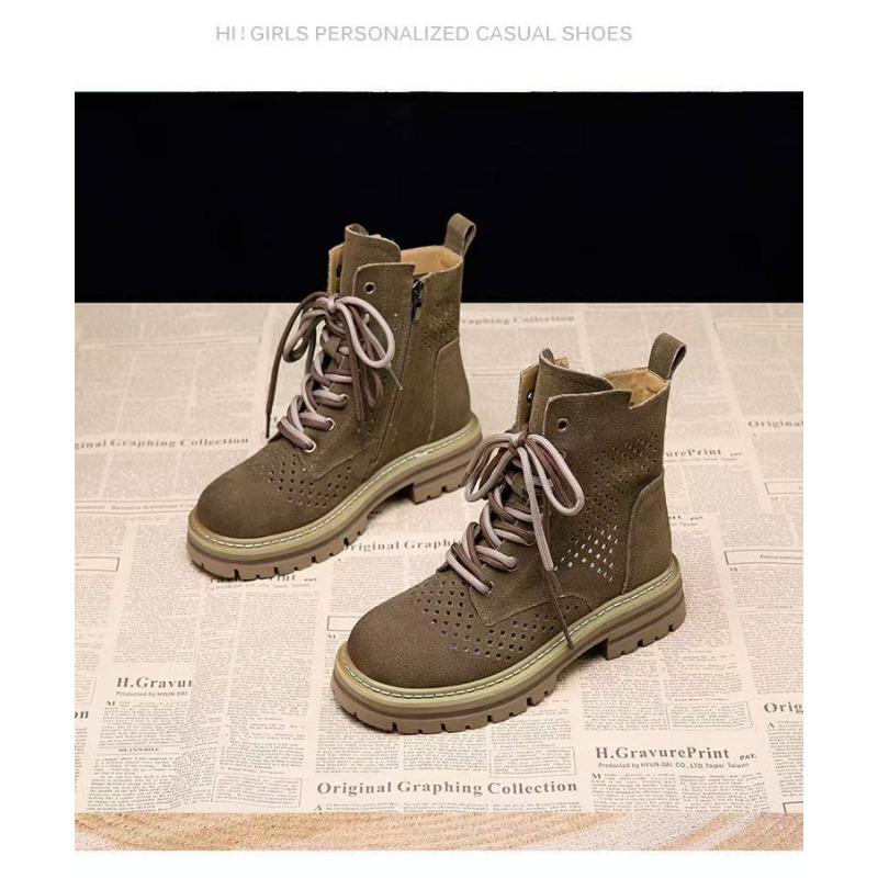 

Thick-soled hollowed-out rhubarb boots women s summer new inner height increase leather breathable punched Martin boots lace-up cool boots 35 хаки
