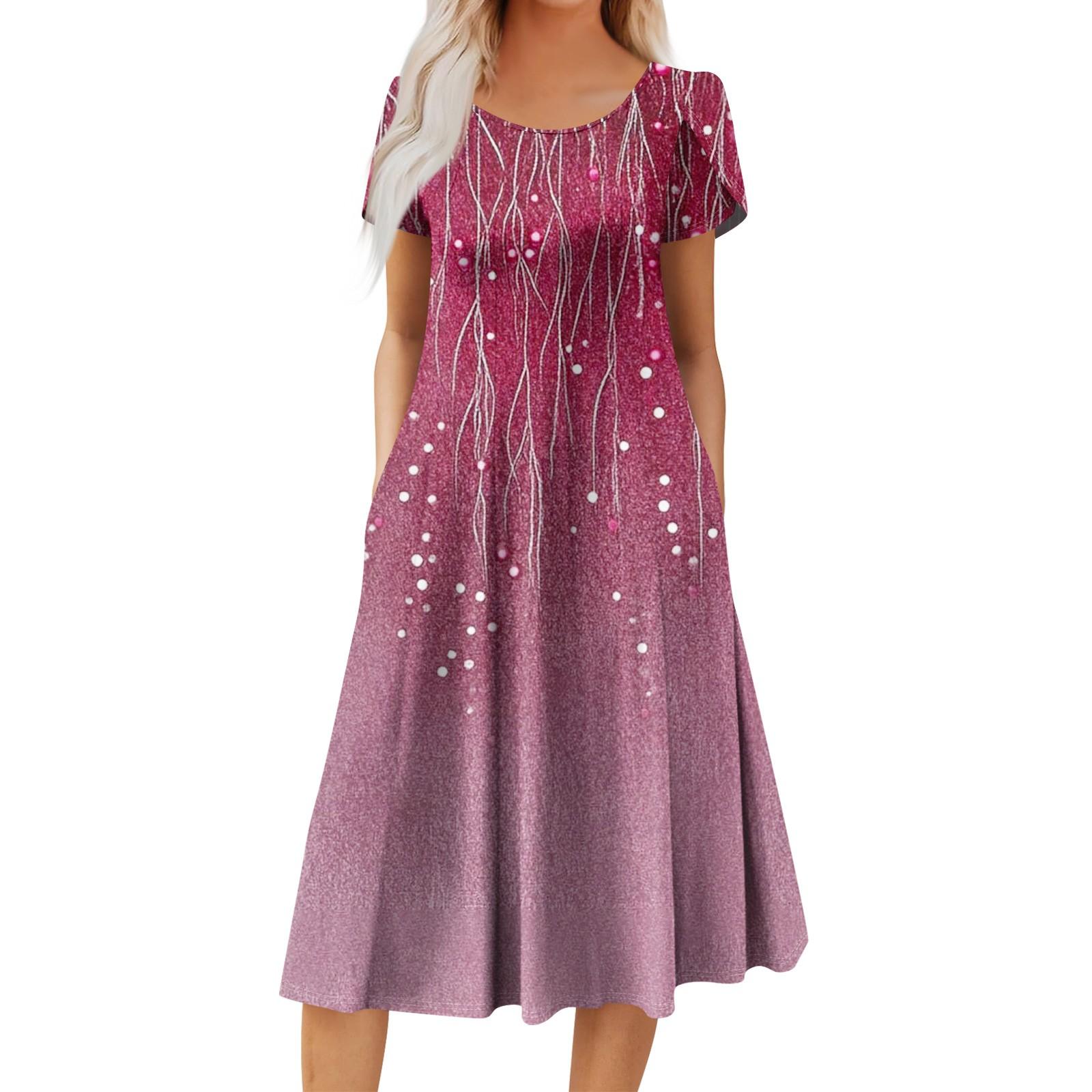 

Женское повседневное модное платье миди с круглым вырезом и коротким рукавом, модное свадебное платье для гостей L розовый