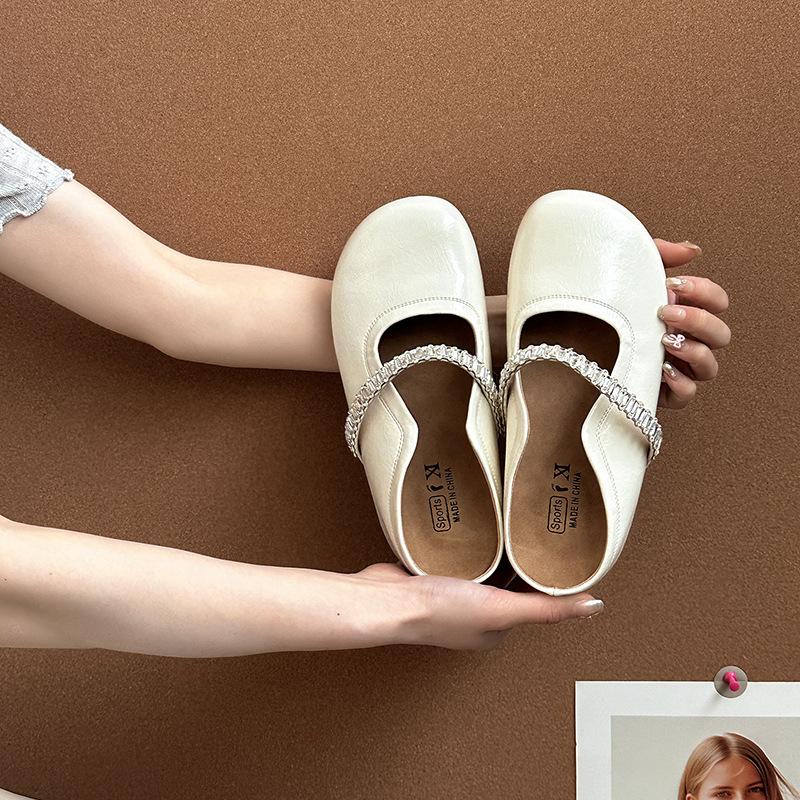 Retro rhinestone word with bag head half slippers women's summer fashion versatile leather shoe buckle with skirt cool slippers