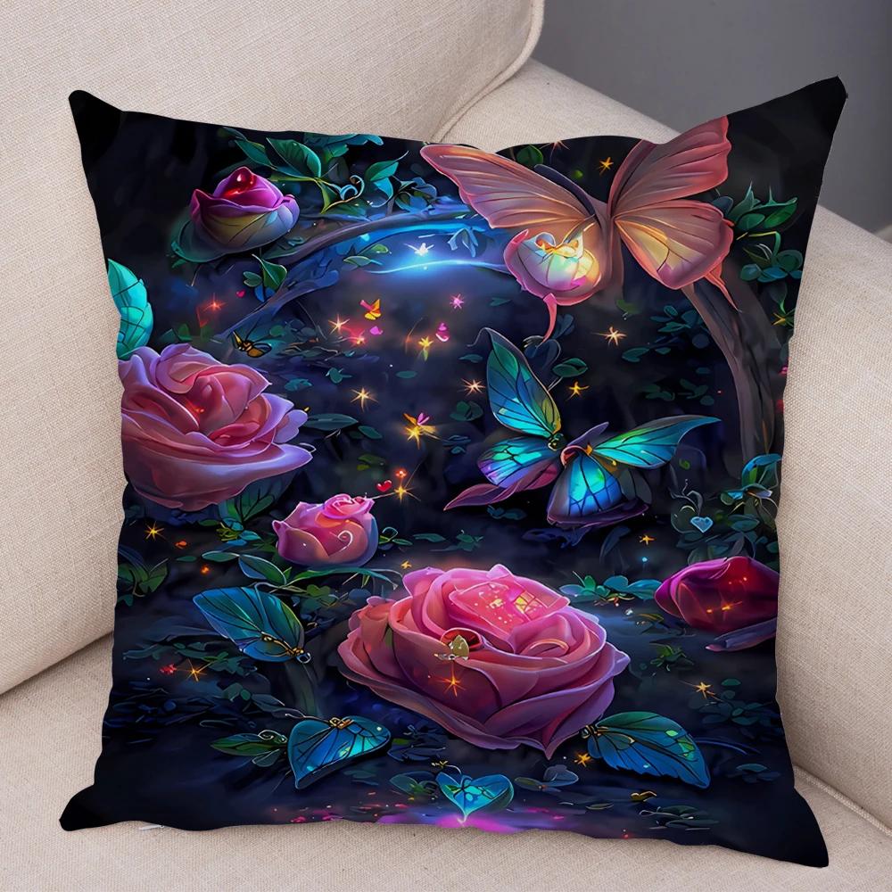 Tecknad Blomma Fjäril Djur Kuddfodral Dekor Blomma Kuddfodral för Soffa Hem Bil Fantasi Skog Mjuk Plysch Kuddfodral