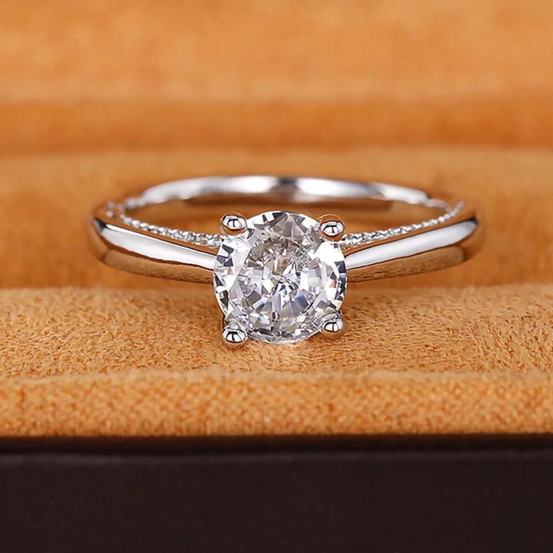 Simple Female Rings  Sterling Silver Geometric 4 Claws Design Round Zircon Rings for Women Big Crystal Wedding  Gift