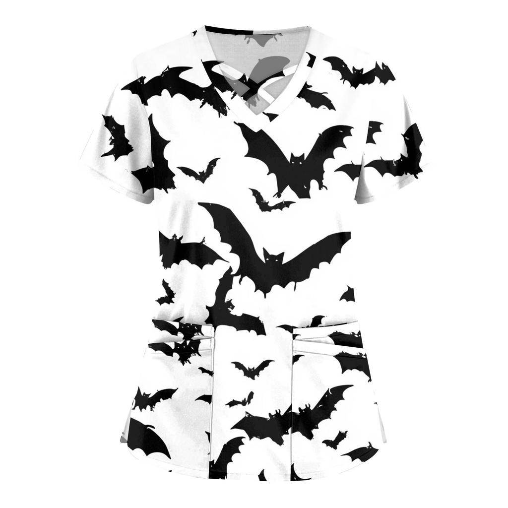 Women's Fashion  V-Neck Short Sleeve Overalls Double Pocket Halloween Printed Tops  Apparel