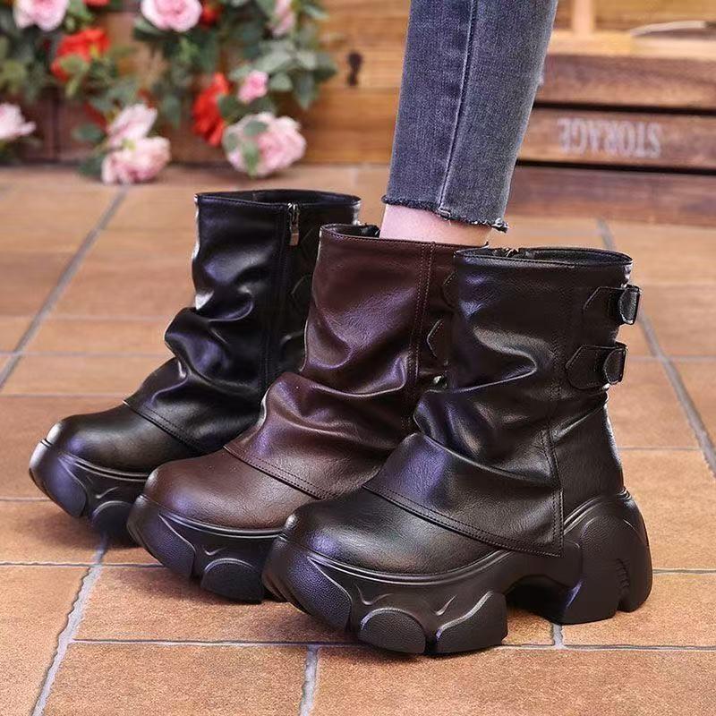 Fall/Winter  High Top Booties Fashion Round Toe Metal Buckle Side Zip Platform Versatile Pant Boots