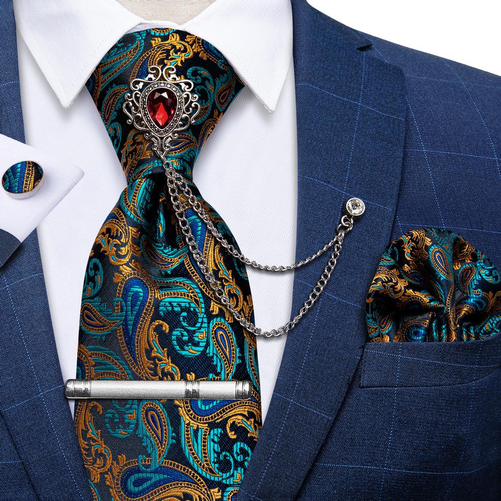Conjunto Gravata DiBanGu Masculino - Seda Paisley Com Lenço E Abotoaduras - Presente Casamento